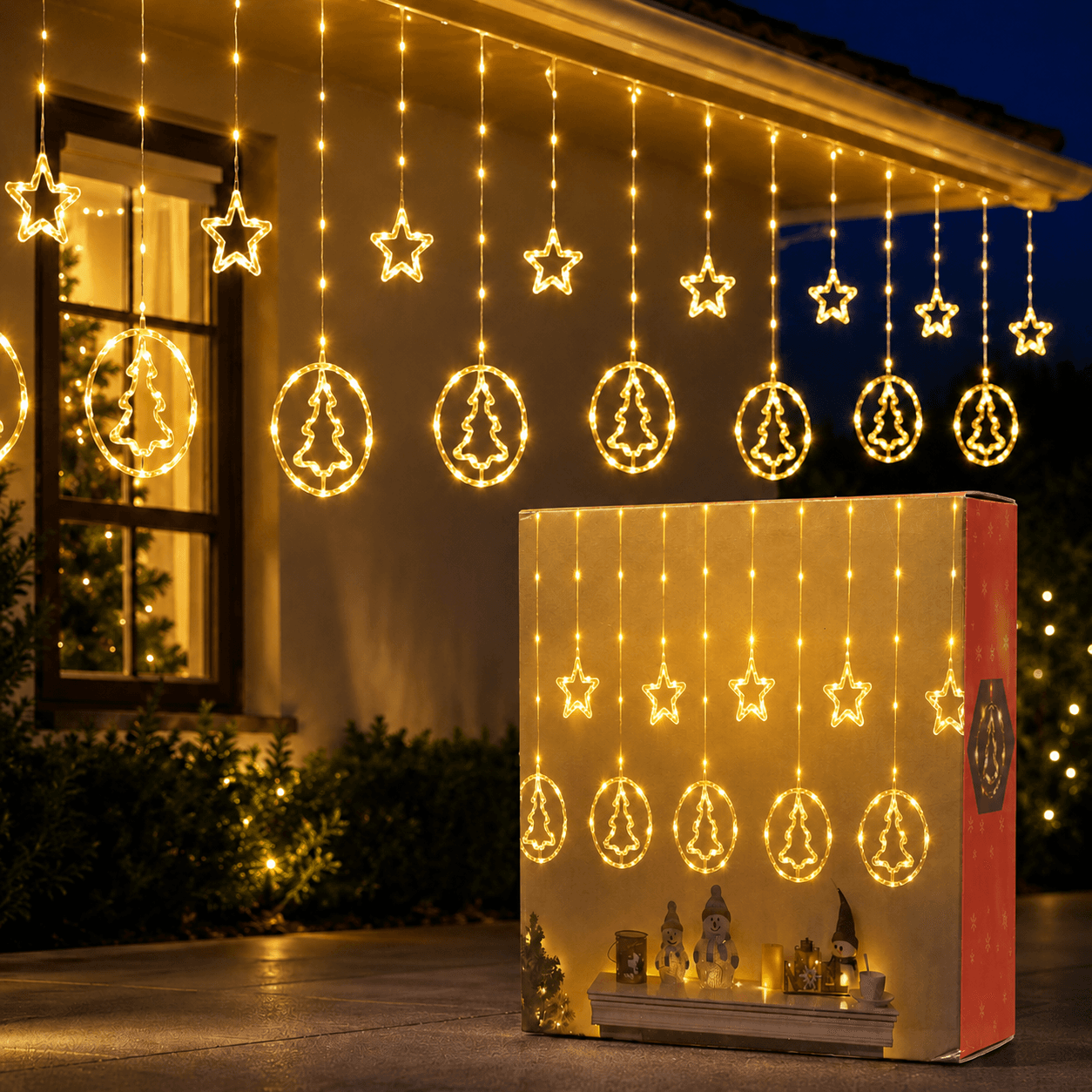 Cortina figuras arbol y estrellas calida 3tm 120 luces