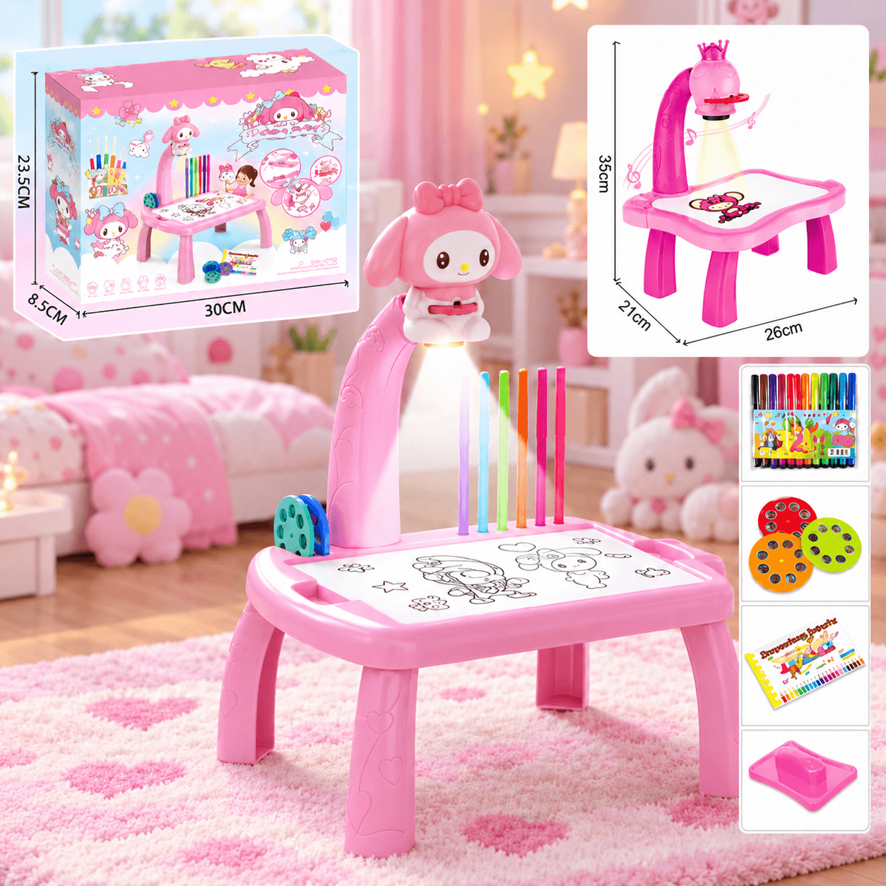 Mesa Proyector de Dibujo Infantil Rosada con Marcadores