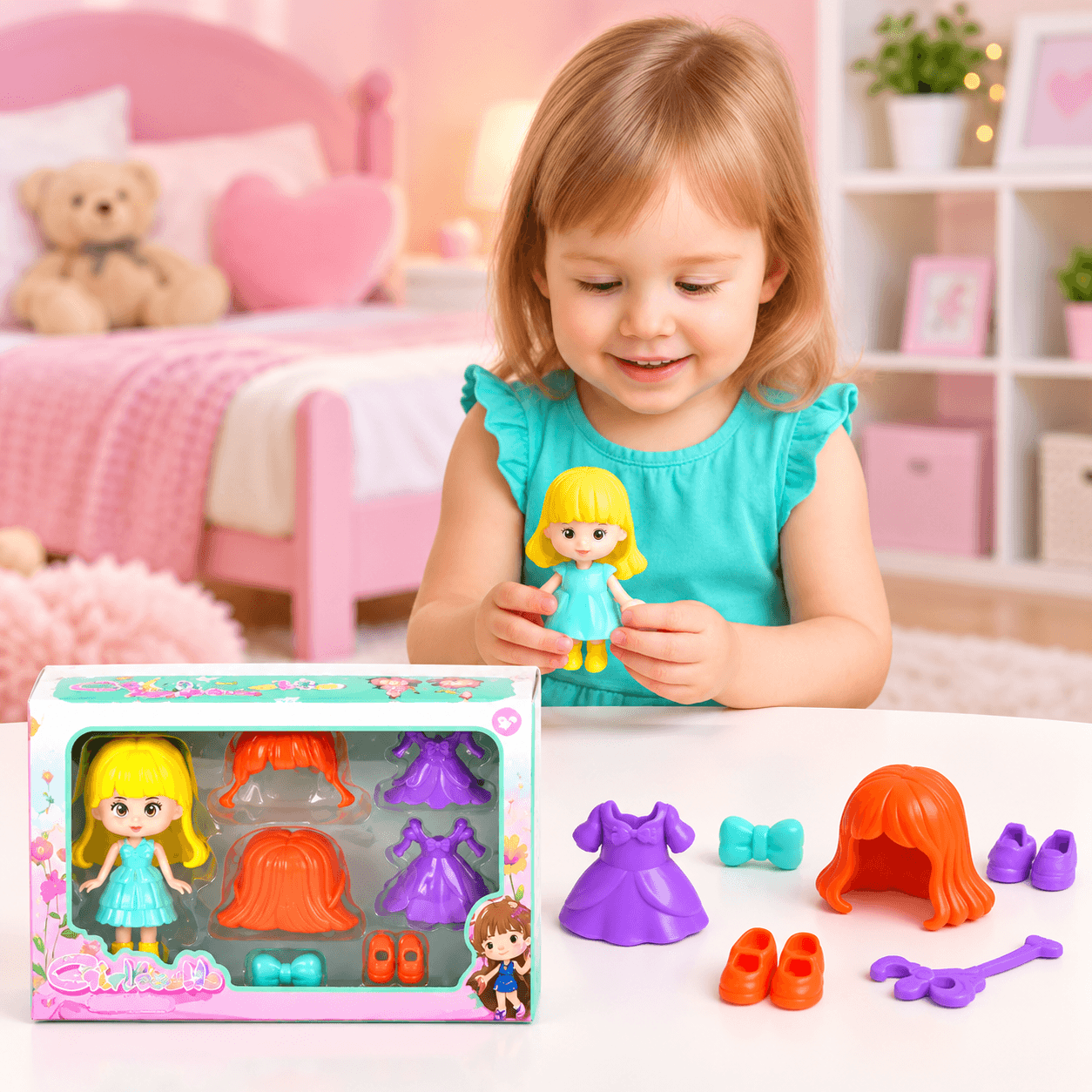 Muñeca Rubia con Vestido Turquesa y Accesorios Intercambiables