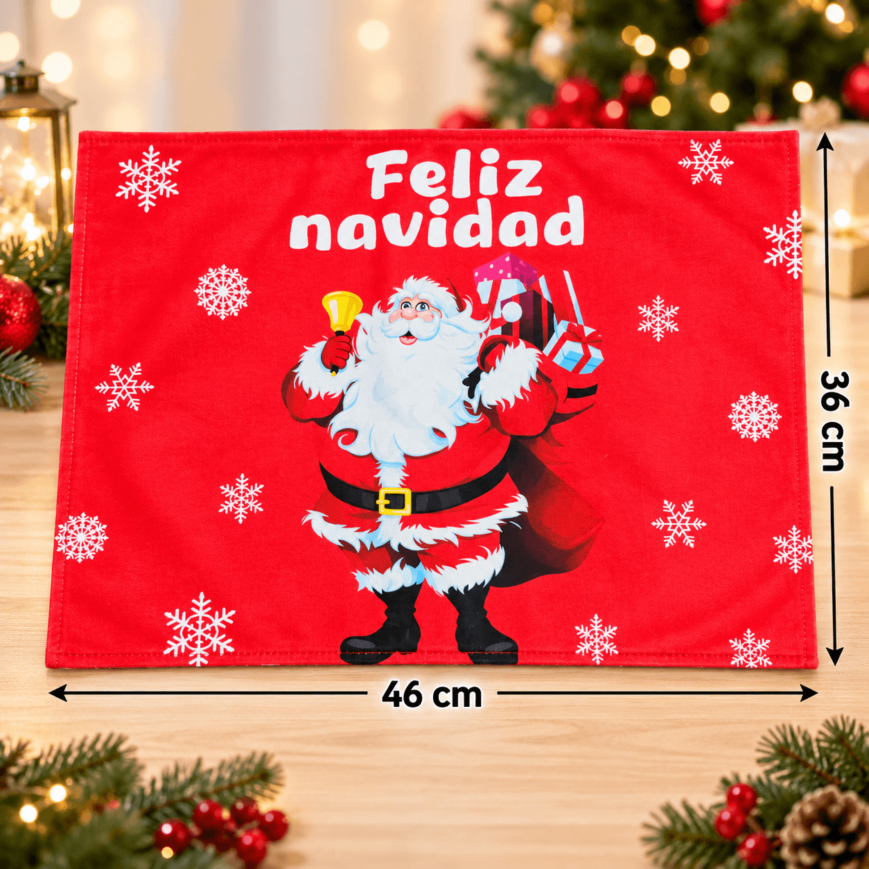 Individual de Tela Navideño Rojo con Papá Noel y Copos de Nieve