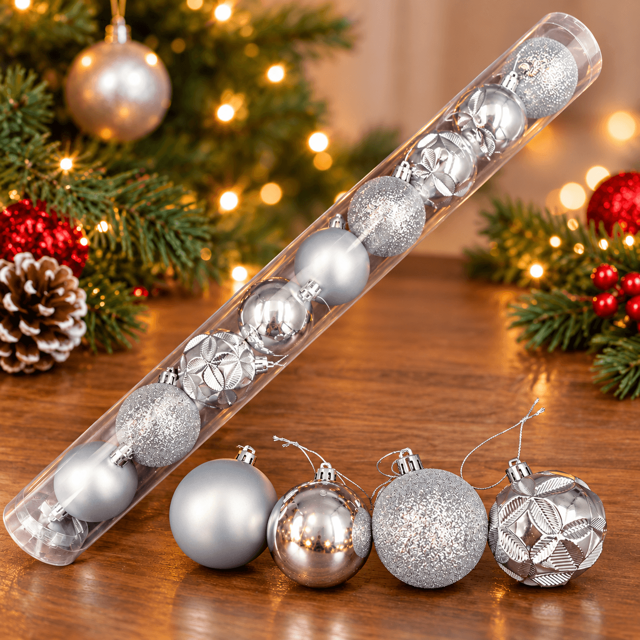 Bolas de Navidad Plateadas con Acabados Surtidos x10